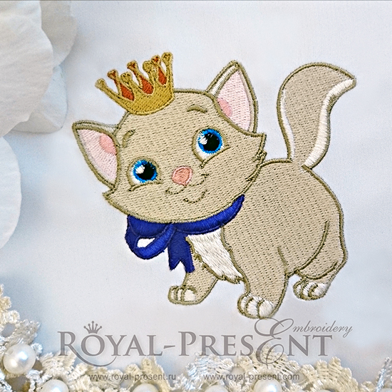 Machine Embroidery Design Adorable White Kitten with Golden Crown