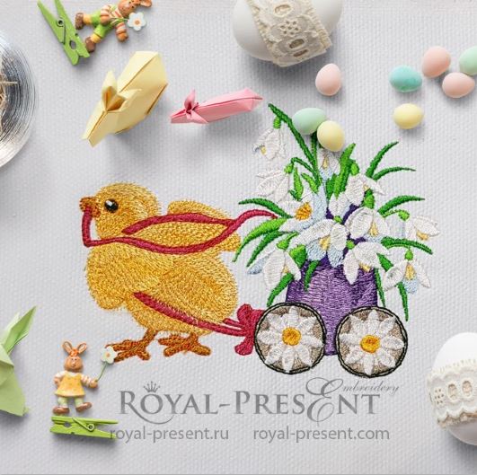 Machine Embroidery Design Easter chicken with snowdrops