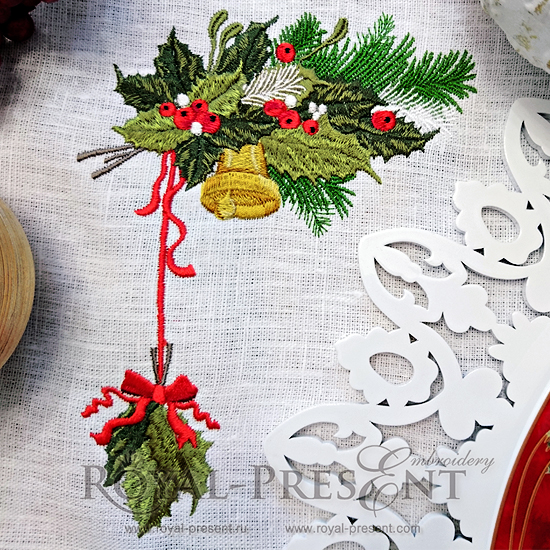 Vintage Christmas Machine Embroidery Design with holly berry and bell