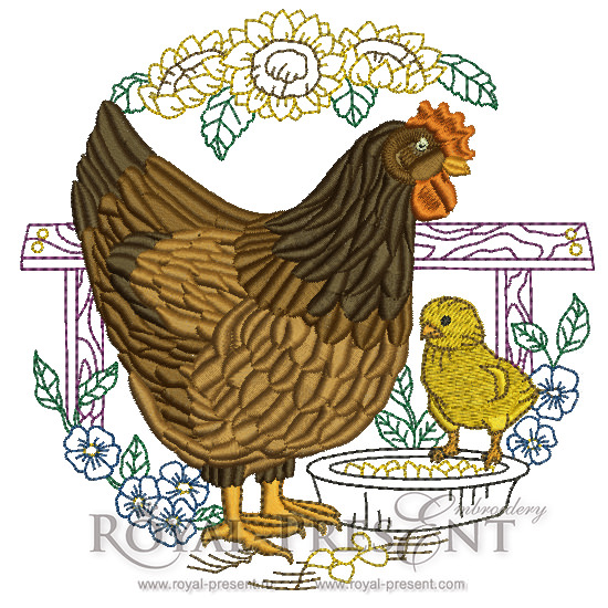Machine Embroidery Design Circular Hen аnd chicken