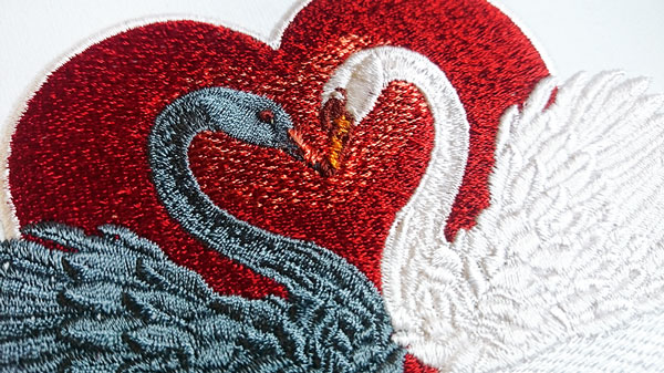 Valentines day embroidery design Two graceful swans in love