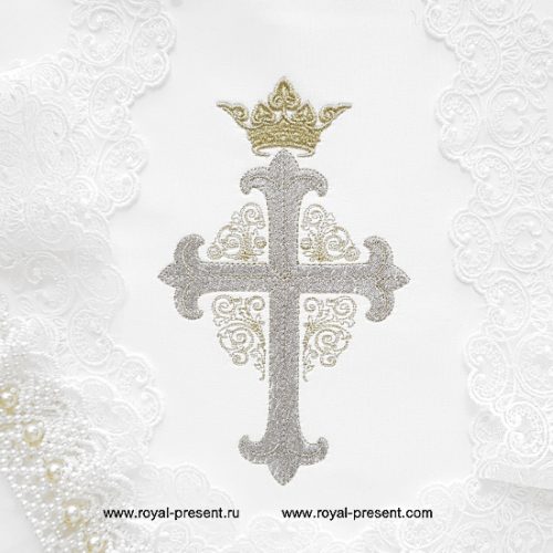 Machine Embroidery Design Cross with crown and ornate boarder