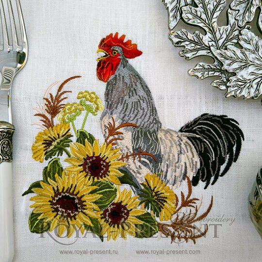 Machine Embroidery Design Rooster in a thicket of sunflowers