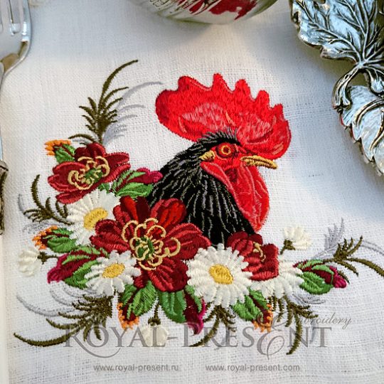 Machine Embroidery Design Rooster in a thicket of flowers - 2 sizes