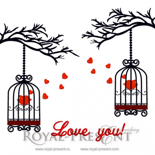 Machine Embroidery Designs Two lovers birds in cages on the branches