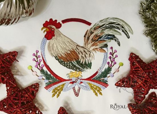 Machine Embroidery Design Rooster with Japanese Wreath decoration