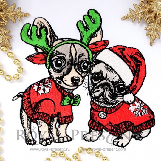 Machine Embroidery Design Puppies Pug and Chihuahua