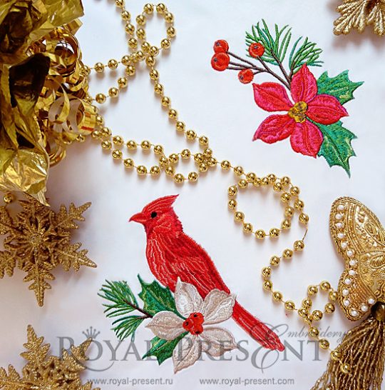 Set of Machine Embroidery Designs Red bird, poinsettia flower