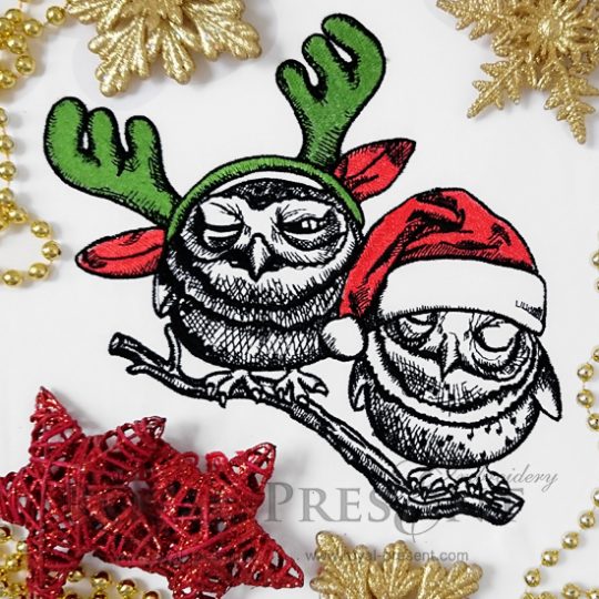 Machine Embroidery Design Two owls on a branch in Santa hats