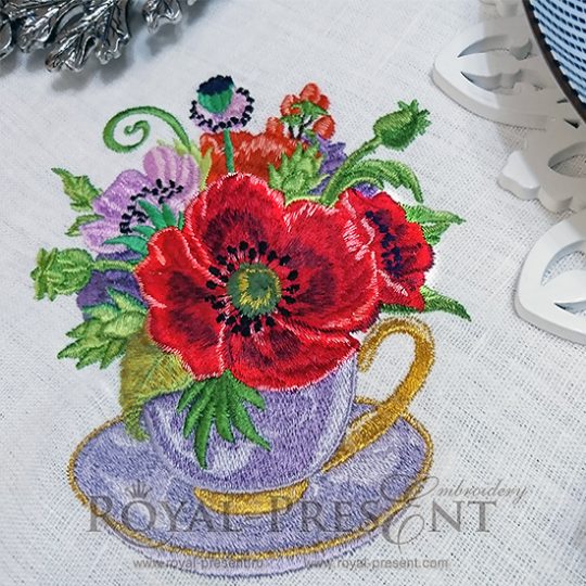 Machine Embroidery Design Tea cup floral composition