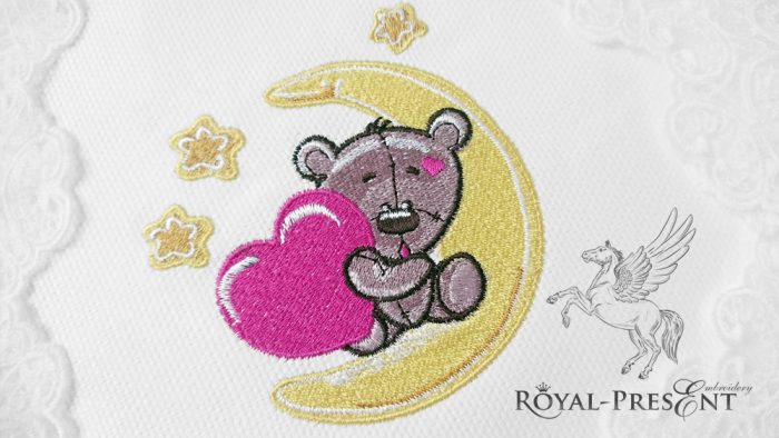 Machine Embroidery Design Cute Teddy Bear with heart on the moon