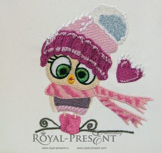 Machine Embroidery Design Cute Cartoon Owl in a hat and scarf