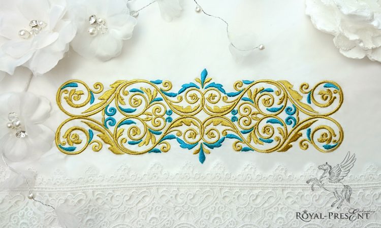 Machine Embroidery Design Vintage Gold with a blue border - 4 sizes
