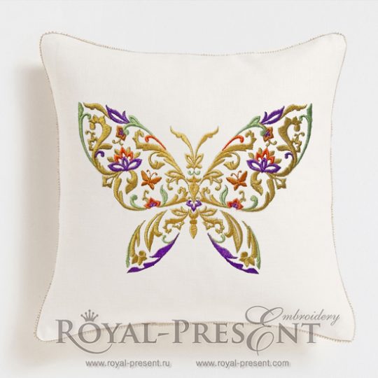 Machine Embroidery Design Decorative butterfly with mix of floral ornament elements - 3 sizes