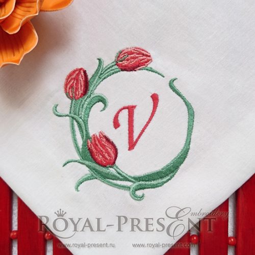 Machine Embroidery Design Round Blank Monogram with pink tulips - 2 sizes