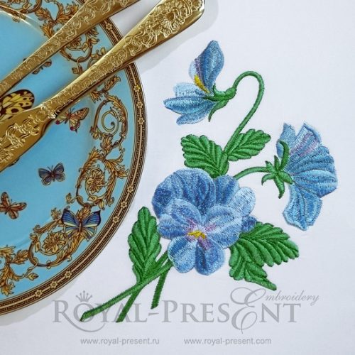 Machine Embroidery Design blue pansy viola flowers bouquet - 2 sizes