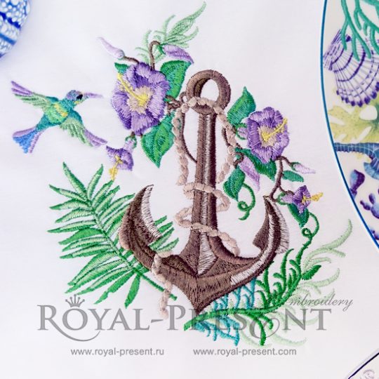 Machine Embroidery Design Exotic flowers and anchor with hummingbird - 2 sizes