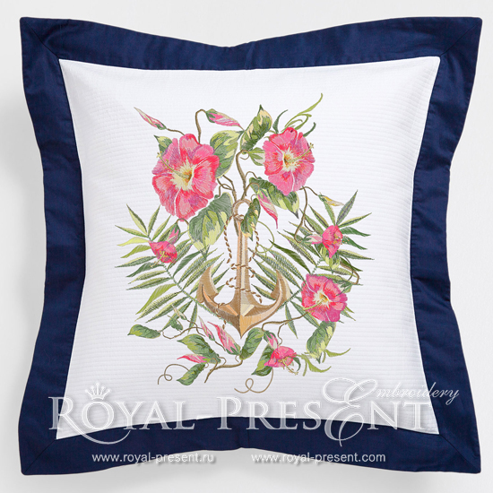 Machine Embroidery Design Exotic flowers and anchor - 2 sizes