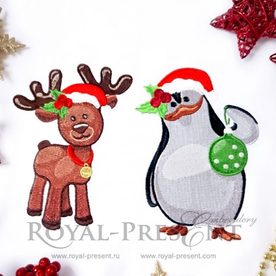 Machine Embroidery Designs Christmas Penguin and Reindeer - 2 sizes