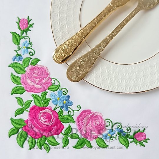 Corner Machine Embroidery Design Pink Roses - 3 sizes