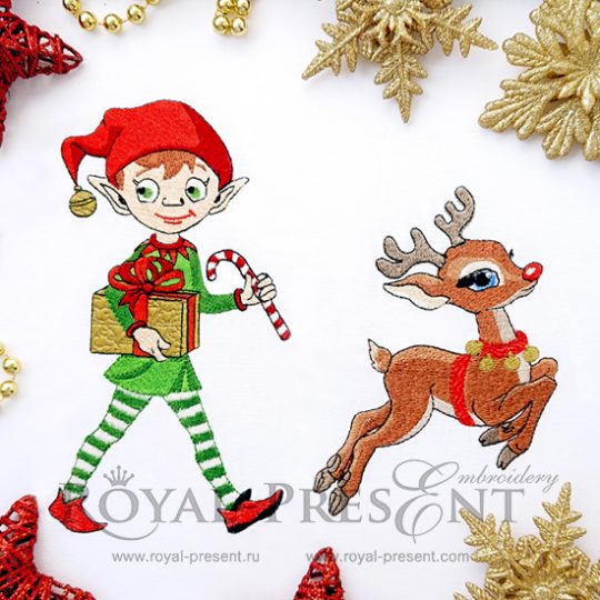 Set of 2 Machine Embroidery Designs Christmas Elf carries gifts together with Rudolph Reindeer