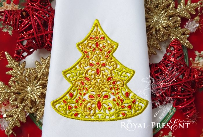 Christmas Tree Embroidery Design with rubies - 6 sizes