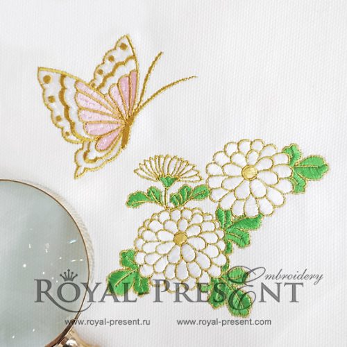 Machine Embroidery Designs Chrysanthemums and butterfly