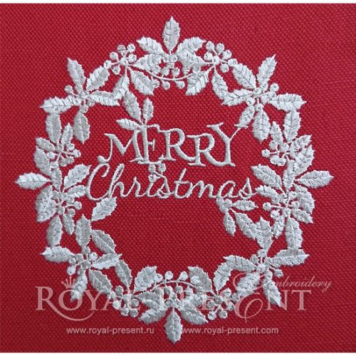Machine Embroidery Design White Merry Christmas Wreath