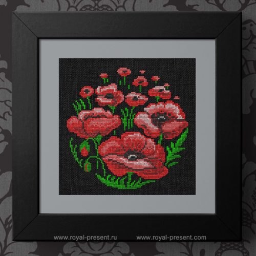 Cross-stitch machine embroidery design Red poppies