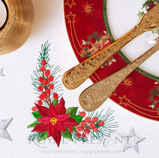 Christmas Corner Embroidery Design with Poinsettia