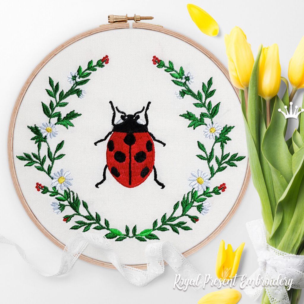 Ladybug flower frame Machine Embroidery Design - 3 sizes