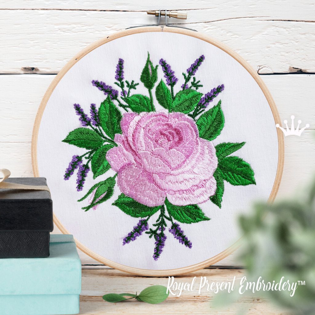 Rose with Lavender Machine Embroidery design - 2 sizes