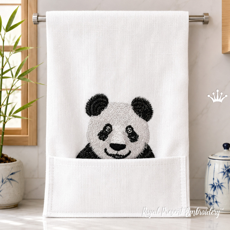 Pocket Panda machine embroidery stitched in a hand-stitch style