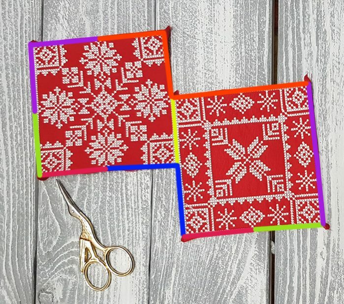 Sewing process stages are marked in different colors