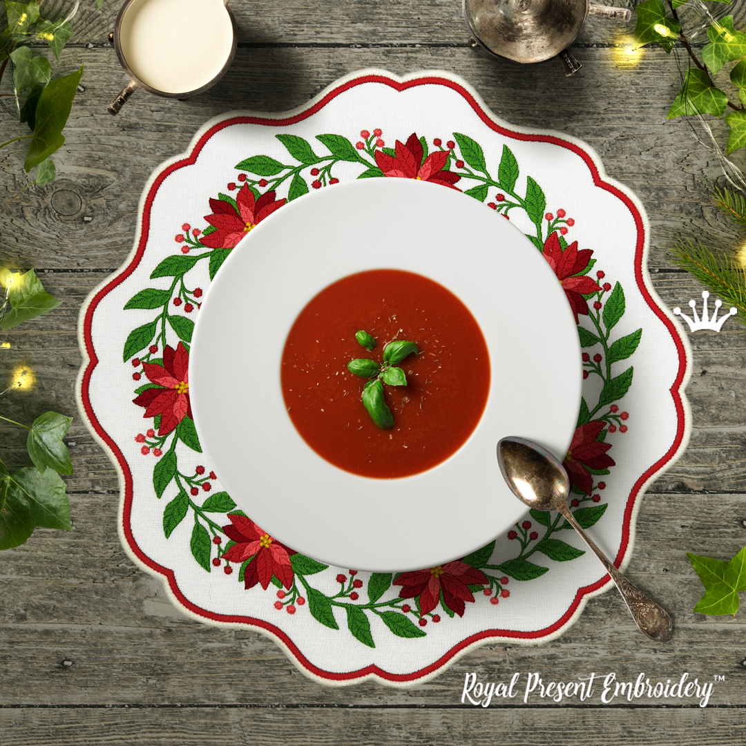 Poinsettia table placemat ITH for industrial embroidery machine