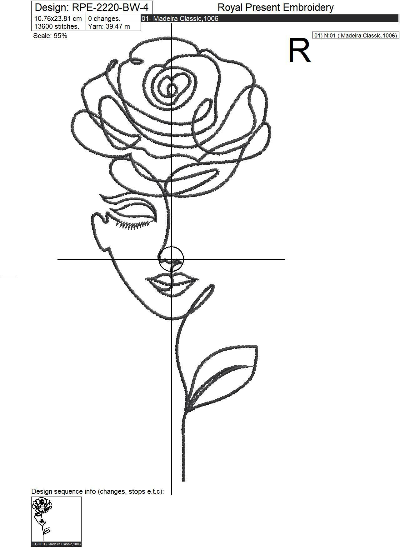 pes,instant download of  embroidery file -516 Woman with rose machine embroidery design contour embroidery stitch girl head flowers