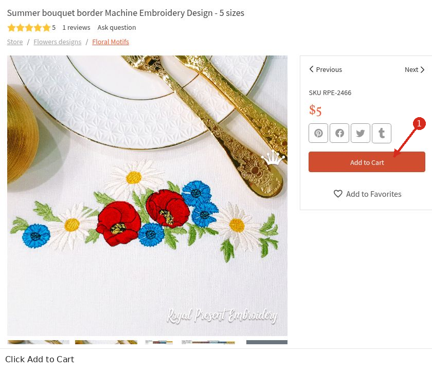 Summer bouquet design product page with an arrow highlighting the Add to Cart button