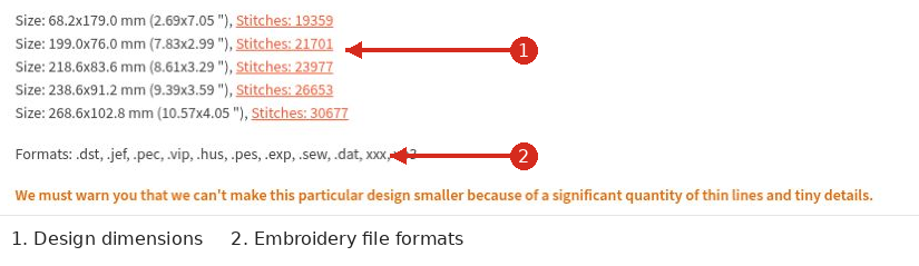 Product description with arrows pointing to design dimensions and available embroidery file formats