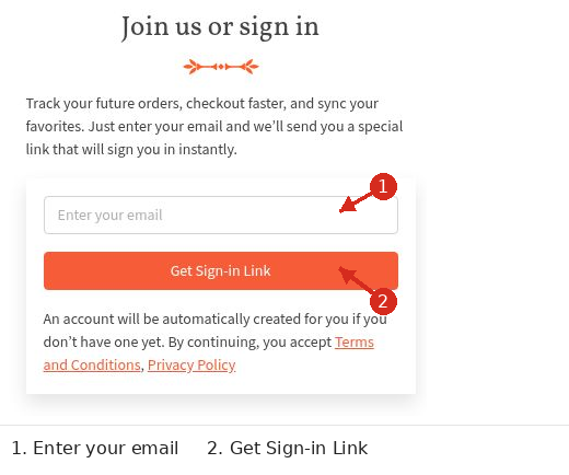 Email sign-in page with arrows pointing to the email field and Get Sign-in Link button