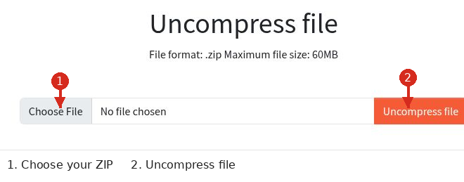 Royal Present Unzip Online tool with arrows showing Choose File and Uncompress file